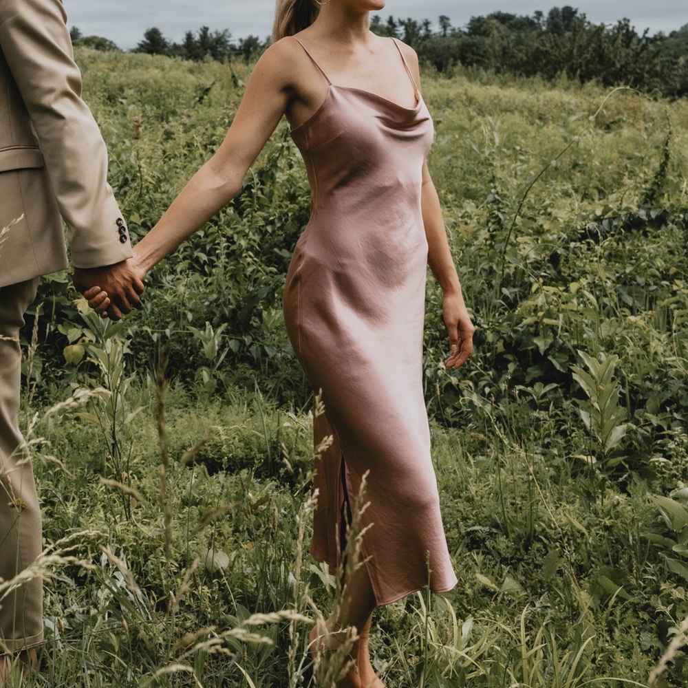 Midi length, silky cowl neck dress